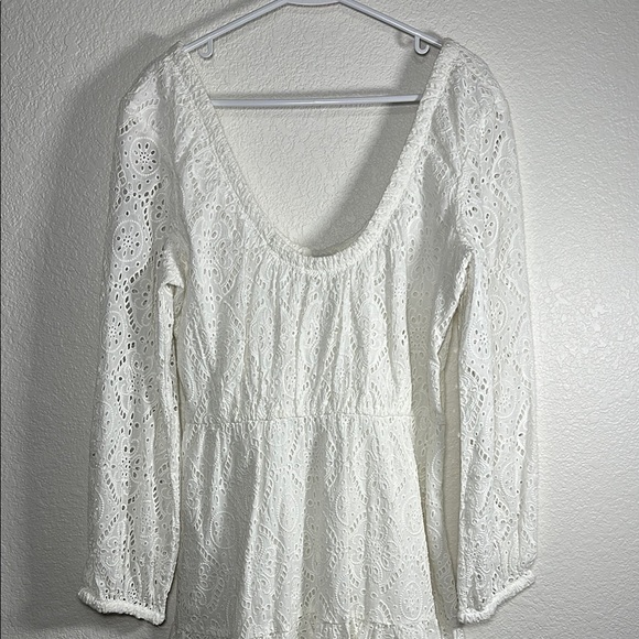 Veronica Beard White Eyelet Lace Mini Dress V-Neck Long Sleeve Tiered Scallop - Picture 4 of 8